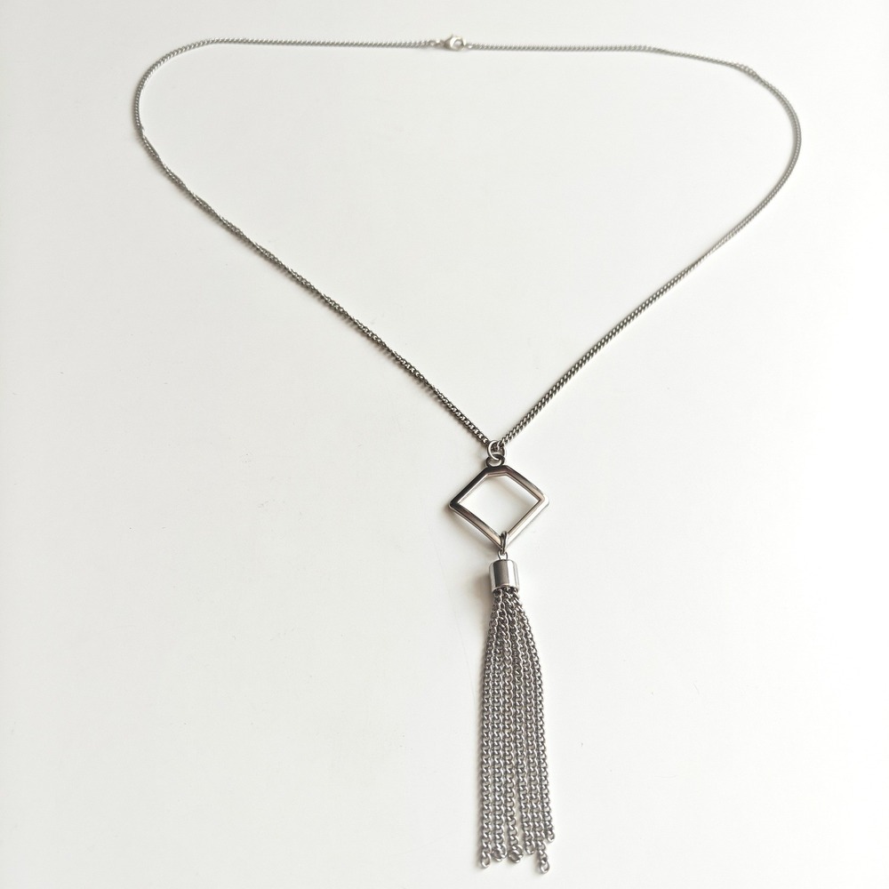 Silver Tone Geometric Diamond Frame Multi Strand Chain Tassel Long Necklace